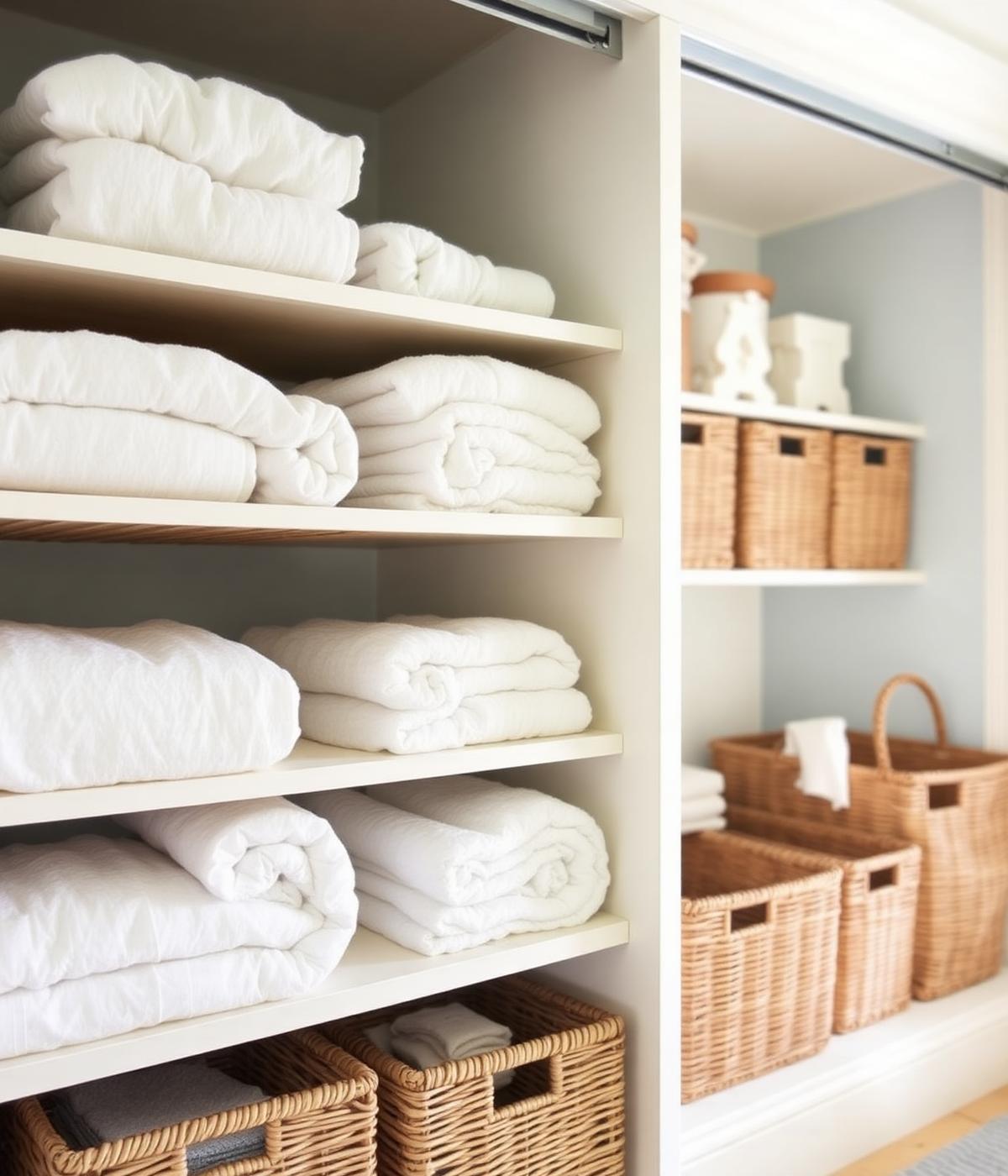 Neatly folded linens and woven baskets in an organized closet