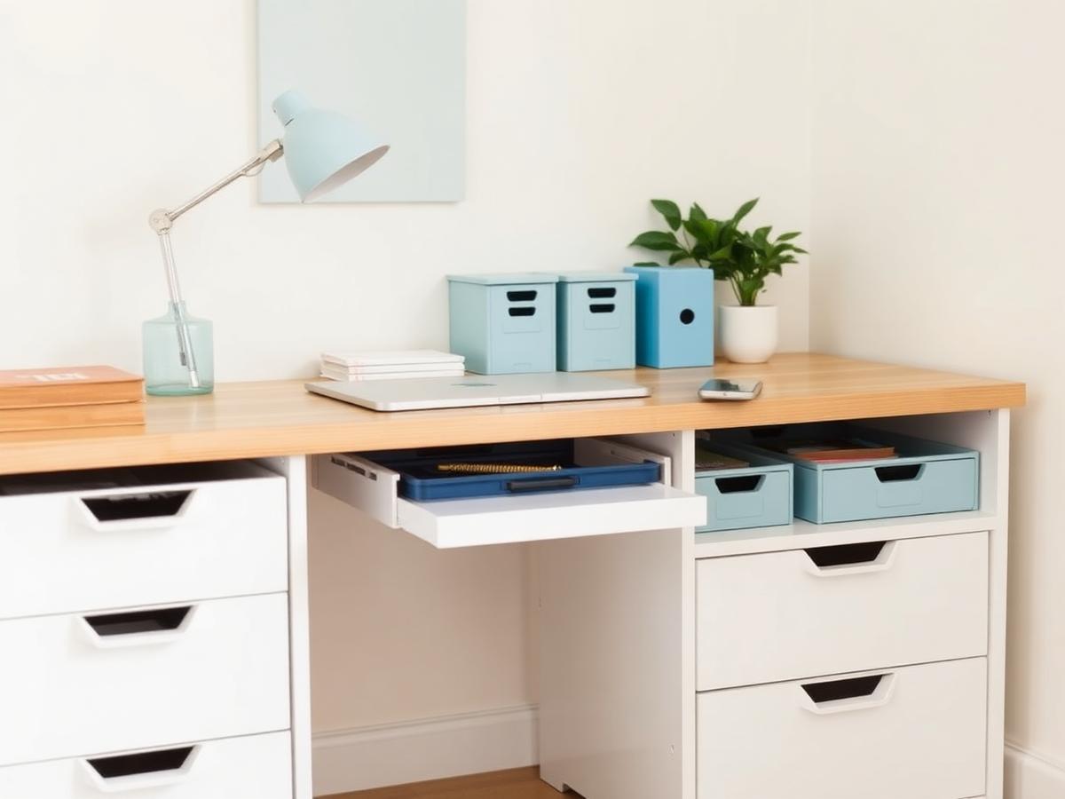 Tidy home office desk with organized drawers and file boxes